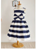 Navy Blue Ivory Taffeta Stripes Knee Length Flower Girl Dress 